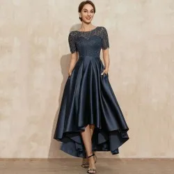 Navy Blue Satin Ball Lace Short Sleeve Dress Navy Blue Satin Ball Lace Short Sleeve Dress