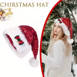 Christmas Hat With Red Sequins And Bow Design Warm Plush Decorative Hat, Christmas Enlarged And Thickened Long Haired Hat Christmas Hat With Red Sequins And Bow Design Warm Plush Decorative Hat, Christmas Enlarged And Thickened Long Haired Hat