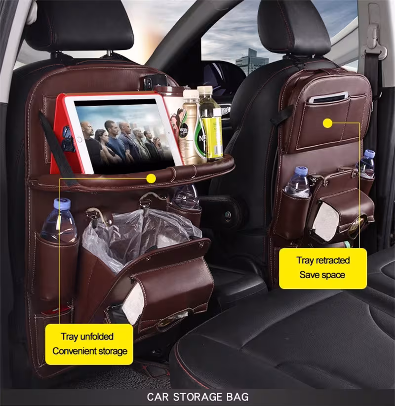 PU Leather Car Storage Bag Multifunction Seat Back Tray Hanging Bag Waterproof Car Organizer Automotive Interior Accessories
