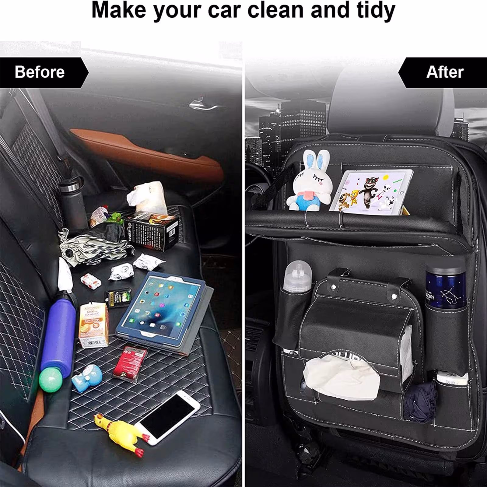 PU Leather Car Storage Bag Multifunction Seat Back Tray Hanging Bag Waterproof Car Organizer Automotive Interior Accessories