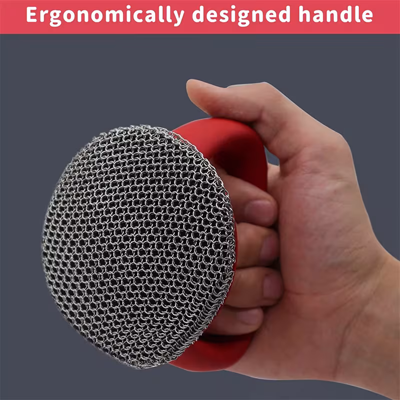 Cast Iron Scrubber 316 Stainless Steel Cast Iron Scrubber With Handle Steel Wool Scrubber Round Chainmail Scrubber Brush Kitchen Gadgets