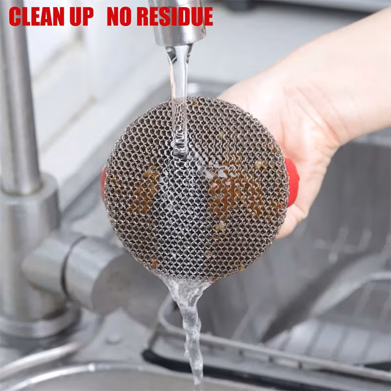 Cast Iron Scrubber 316 Stainless Steel Cast Iron Scrubber With Handle Steel Wool Scrubber Round Chainmail Scrubber Brush Kitchen Gadgets