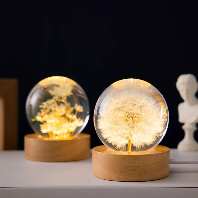 Luminous 3D Dandelion Crystal Ball Beech Wood Stand Base Preserved Flower Sphere Ball Desktop Ornaments Bithday Christmas Gifts