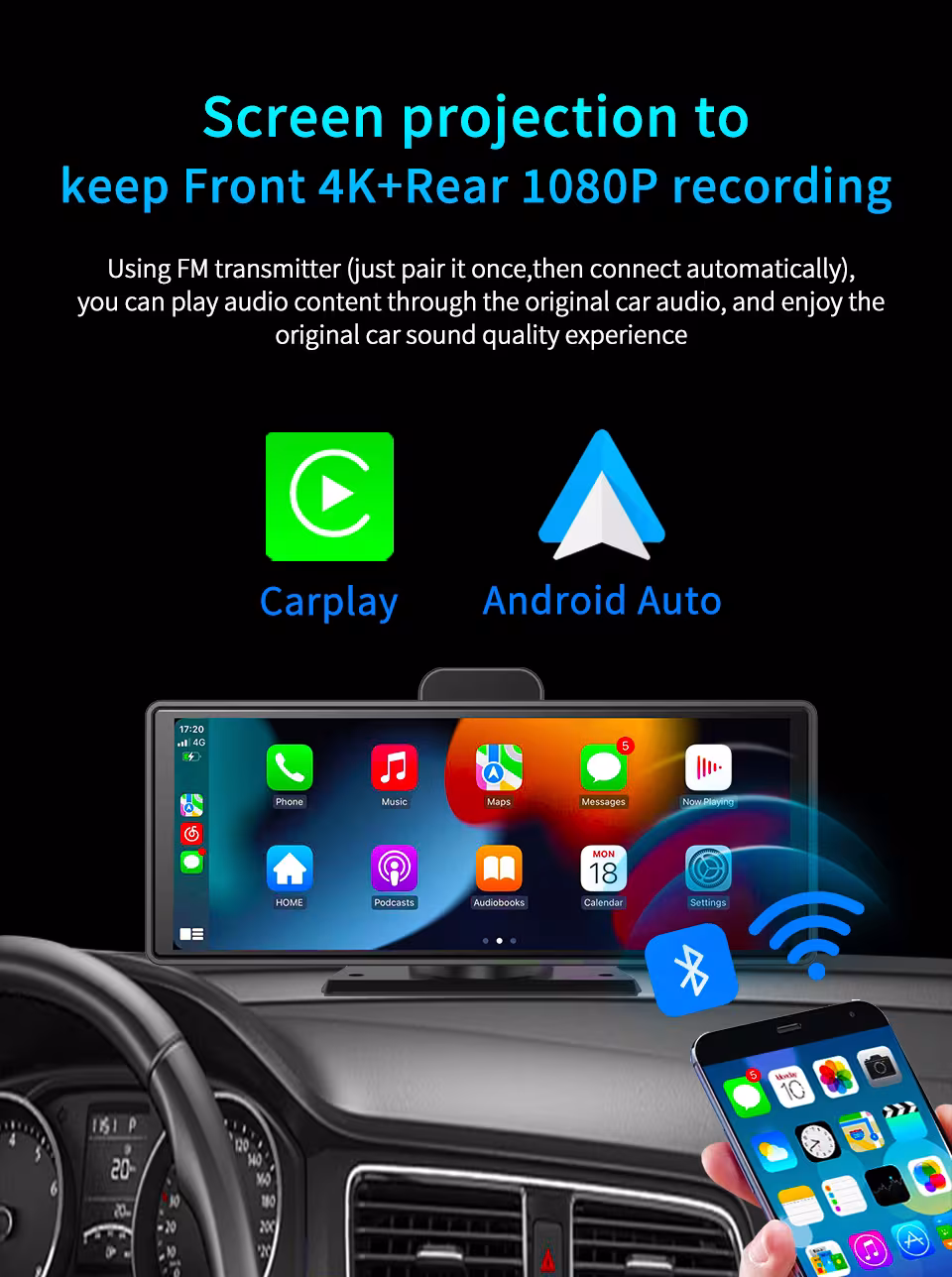 Smart Screen Front And Back Dual Recording 1080P Streaming Media Mobile Phone Projection Carplay Recorder