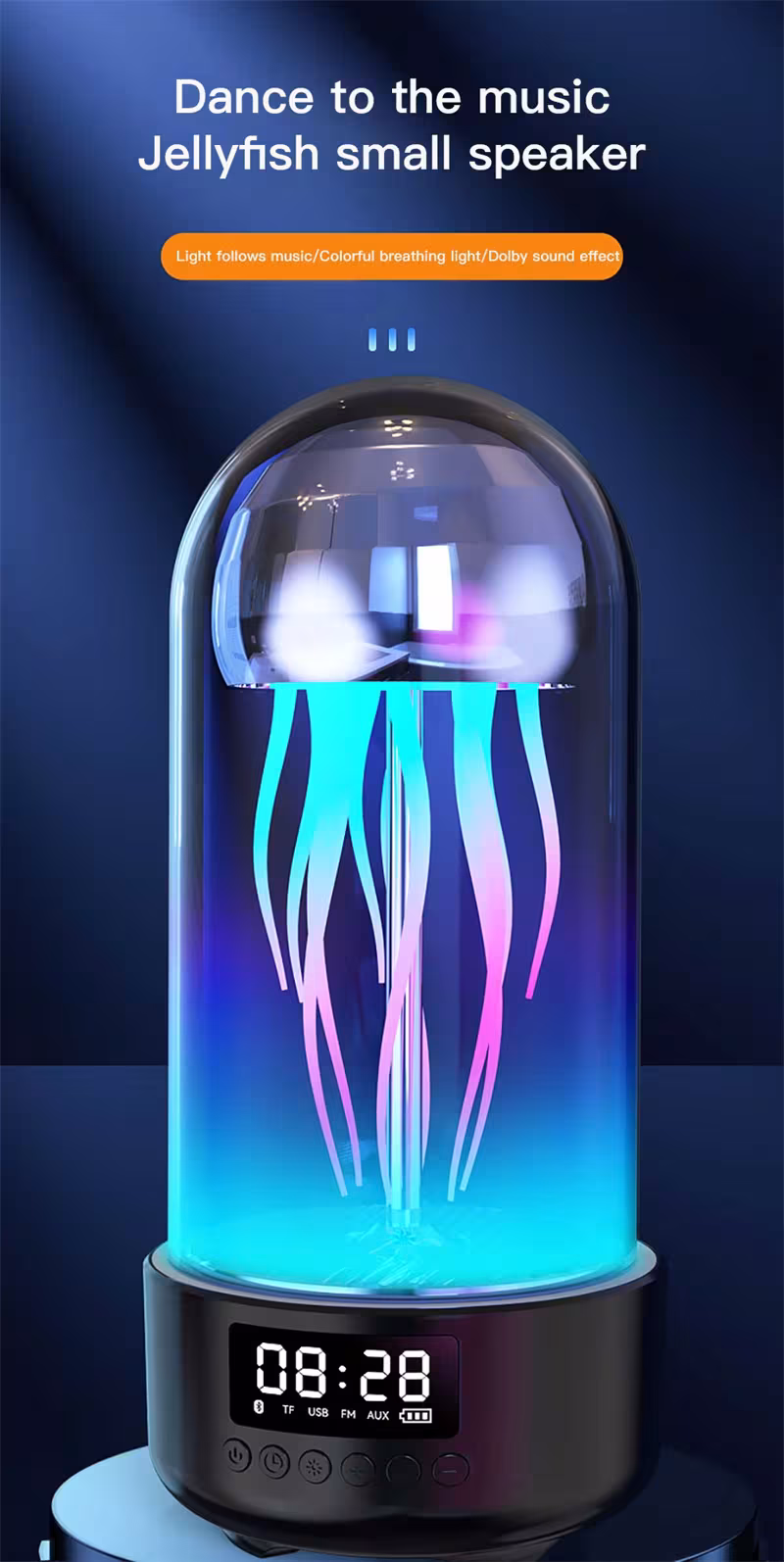 Creative 3in1 Colorful Jellyfish Lamp With Clock Luminous Portable Stereo Breathing Light Smart Decoration Bluetooth-compatible Speaker