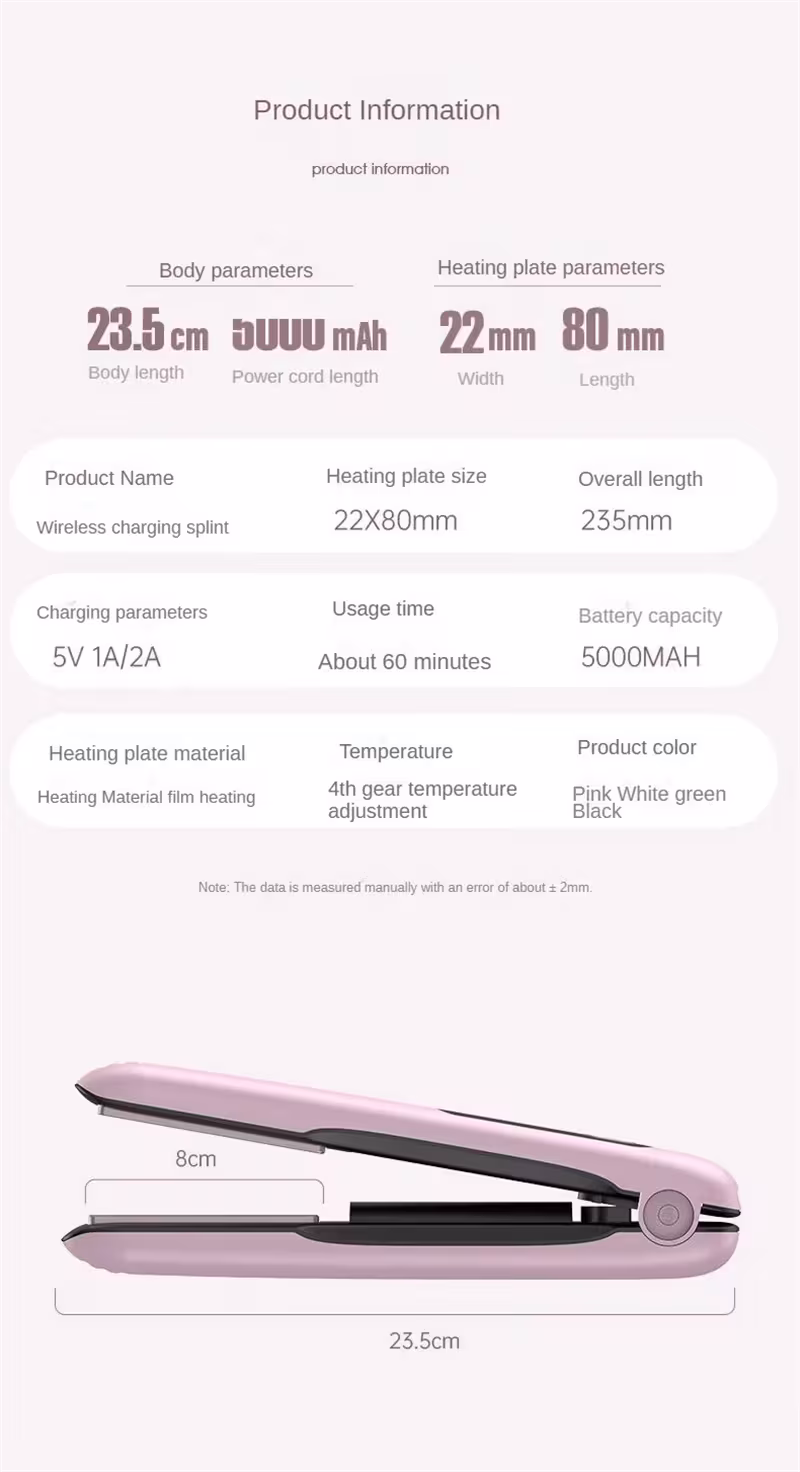 Wireless Hair Straightener Flat Iron Mini 2 IN 1 Roller USB 5000mAh Max 200 Degree Portable Cordless Curler 4 Levels Dry And Wet Uses