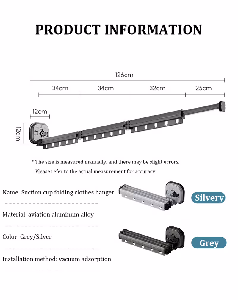 Suction Cup Folding Clothes Hanger Indoor Home Balcony Aluminum Retractable Drying Rack No Punching Folding Clothes Hanger