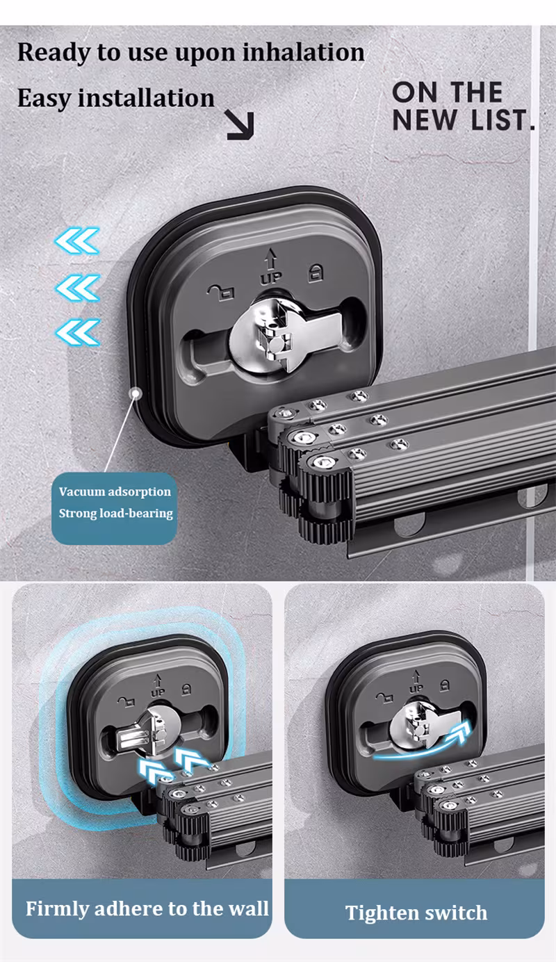 Suction Cup Folding Clothes Hanger Indoor Home Balcony Aluminum Retractable Drying Rack No Punching Folding Clothes Hanger