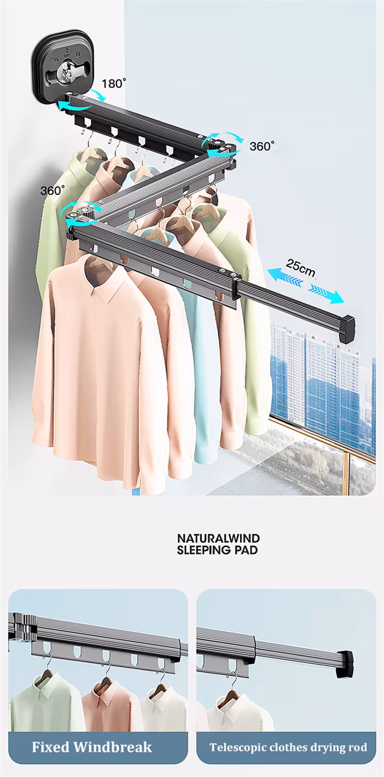 Suction Cup Folding Clothes Hanger Indoor Home Balcony Aluminum Retractable Drying Rack No Punching Folding Clothes Hanger