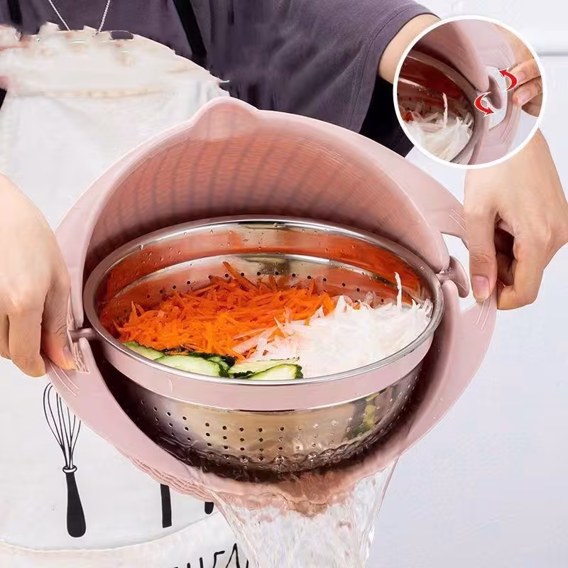 Kitchen Fruit Tray Removable Double Layer Fruit And Vegetable Basin Draining Basket Creative Household Rotating Washing Basket