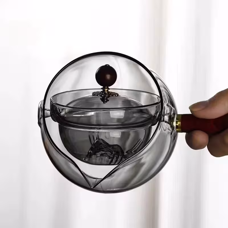 Semi-automatic Rotary Heat-resistant Glass Teapot Lazy Tea Making With Infuser And Wooden Handle Office Home Accessories Kitchen Gadgets