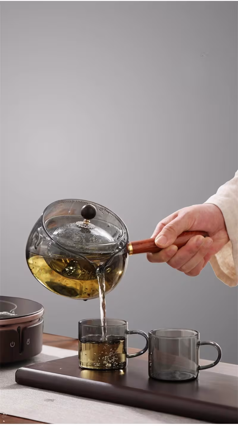 Semi-automatic Rotary Heat-resistant Glass Teapot Lazy Tea Making With Infuser And Wooden Handle Office Home Accessories Kitchen Gadgets