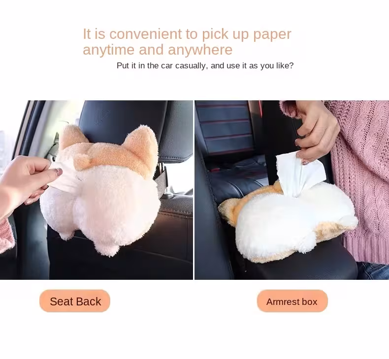 Tissue Box Cover Soft Adorable Corgi Butt Shaped Creative Storage Bag Hanging Pouch Tissue Box Wrapper For Car Home