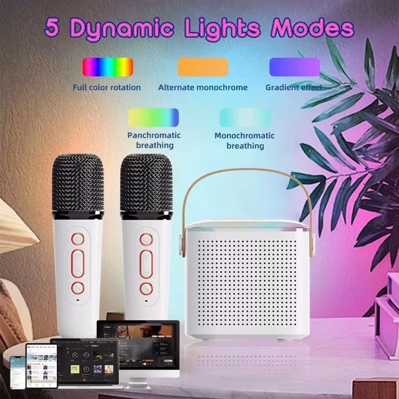 Microphone Karaoke Machine Bluetooth-compatible Speaker With 2 Wireless Mic RGB Light Home Family Singing Speaker