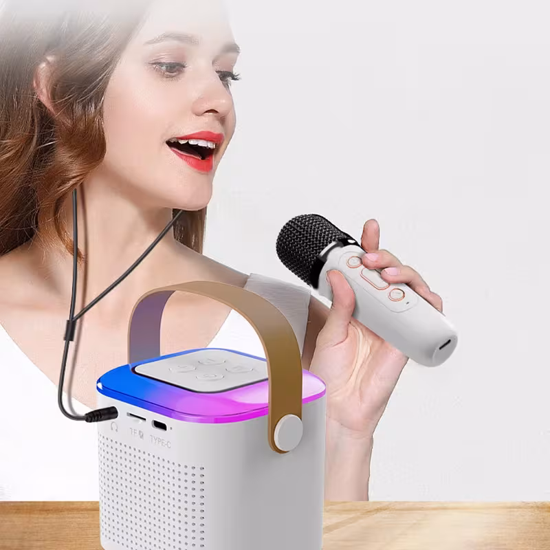 Microphone Karaoke Machine Bluetooth-compatible Speaker With 2 Wireless Mic RGB Light Home Family Singing Speaker
