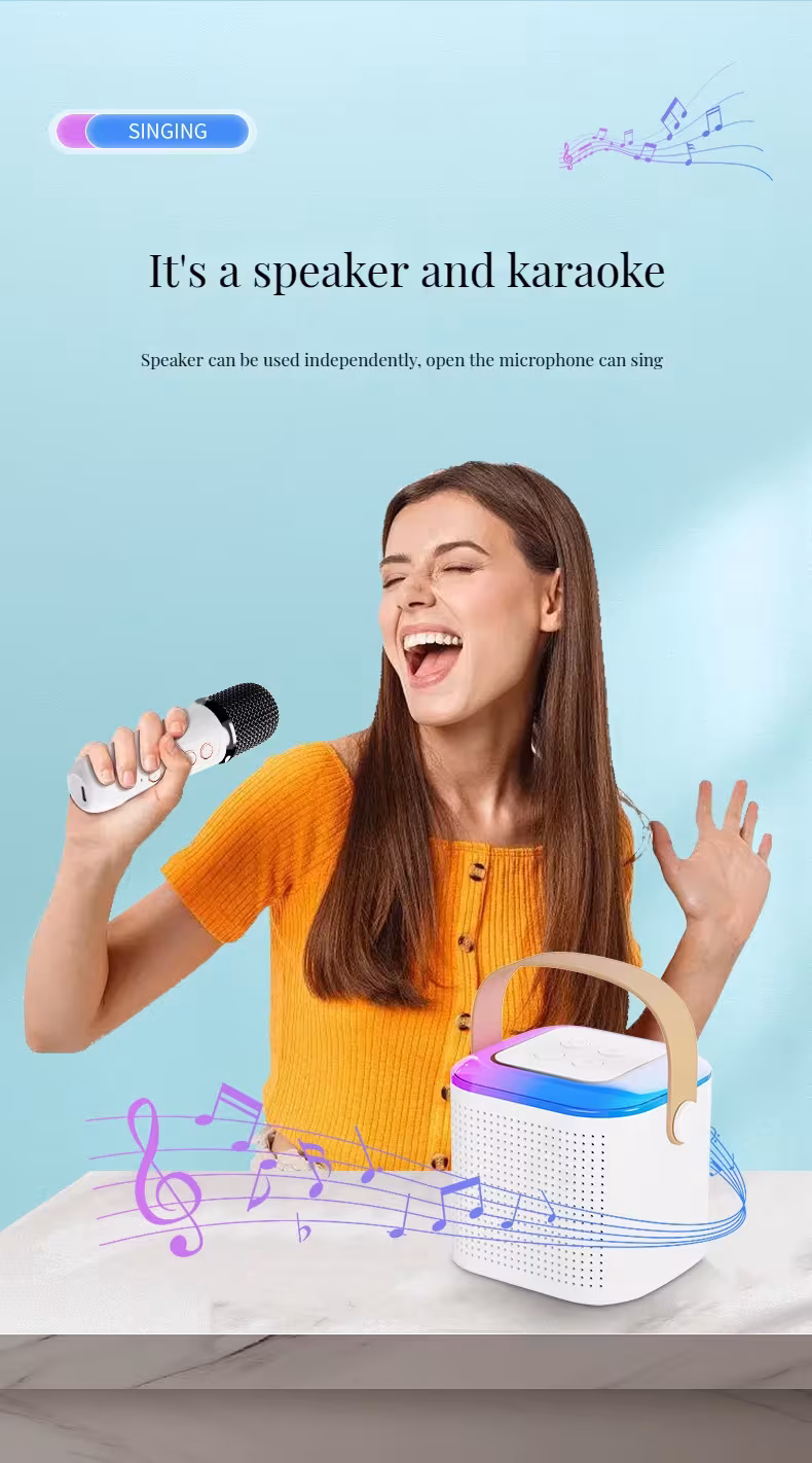 Microphone Karaoke Machine Bluetooth-compatible Speaker With 2 Wireless Mic RGB Light Home Family Singing Speaker