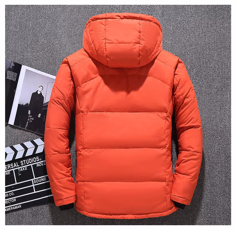 Men's Short Winter Thick White Duck Down Hooded Jacket Multi-pocket Outdoor Set