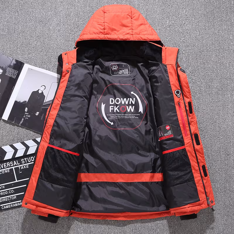 Men's Short Winter Thick White Duck Down Hooded Jacket Multi-pocket Outdoor Set