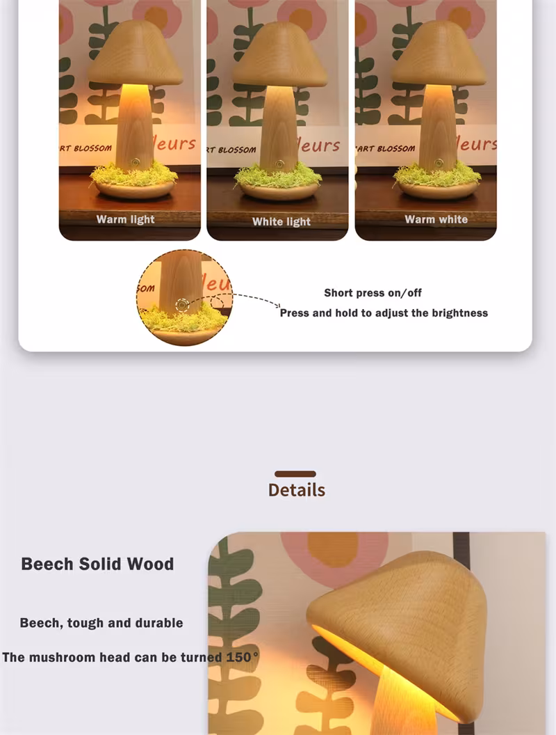 Twisted Mushroom Night Warm Light Touch Bedroom Bedhead Night Light Beech Wood LED USB Decorative Atmosphere Lamps Home Decor