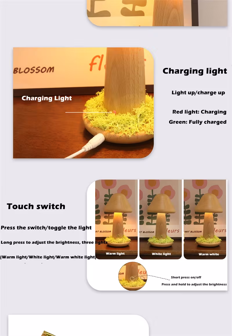 Twisted Mushroom Night Warm Light Touch Bedroom Bedhead Night Light Beech Wood LED USB Decorative Atmosphere Lamps Home Decor