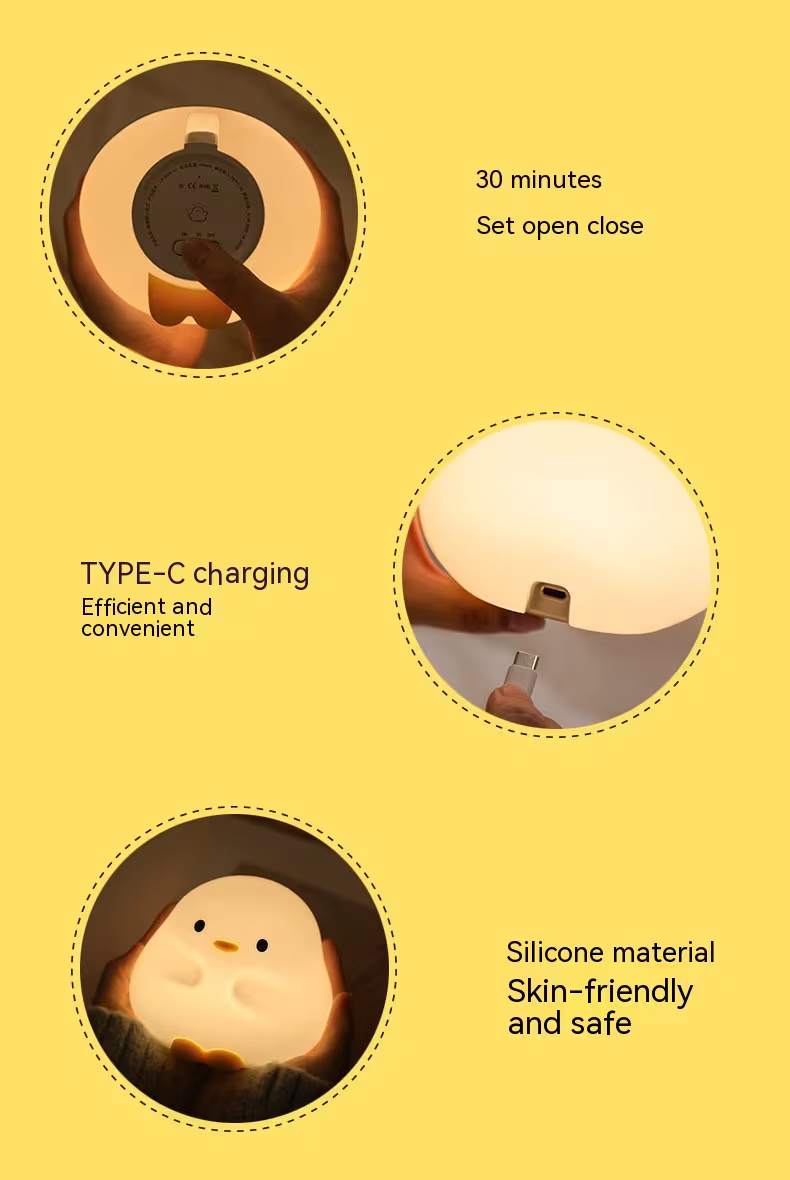Cute Duck LED Night Lamp Cartoon Silicone USB Rechargeable Sleeping Light Touch Sensor Timing Bedroom Bedside Lamp For Kid Gift Home Decor