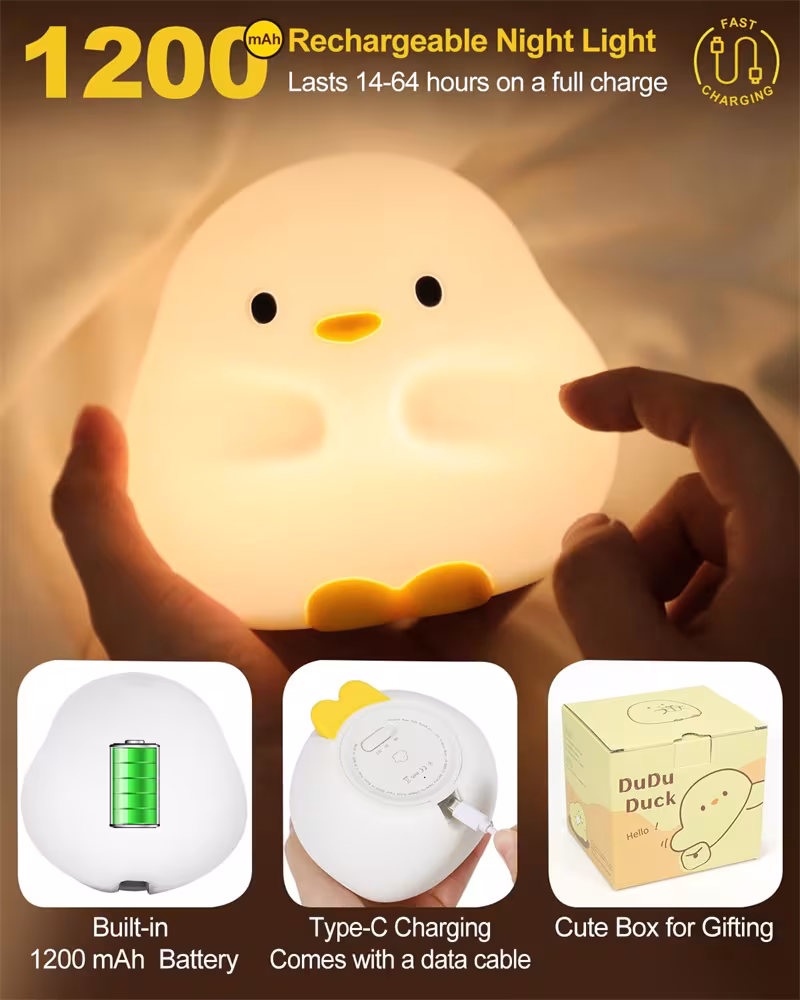 Cute Duck LED Night Lamp Cartoon Silicone USB Rechargeable Sleeping Light Touch Sensor Timing Bedroom Bedside Lamp For Kid Gift Home Decor