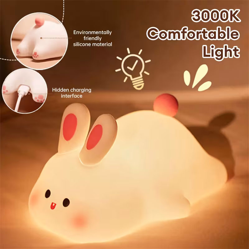 Cute LED Night Light Touch Sensor Cartoon Kid's Nightlights Big Face Rabbit Silicone Night Light Christmas Gift Bedside Lamp Home Decor