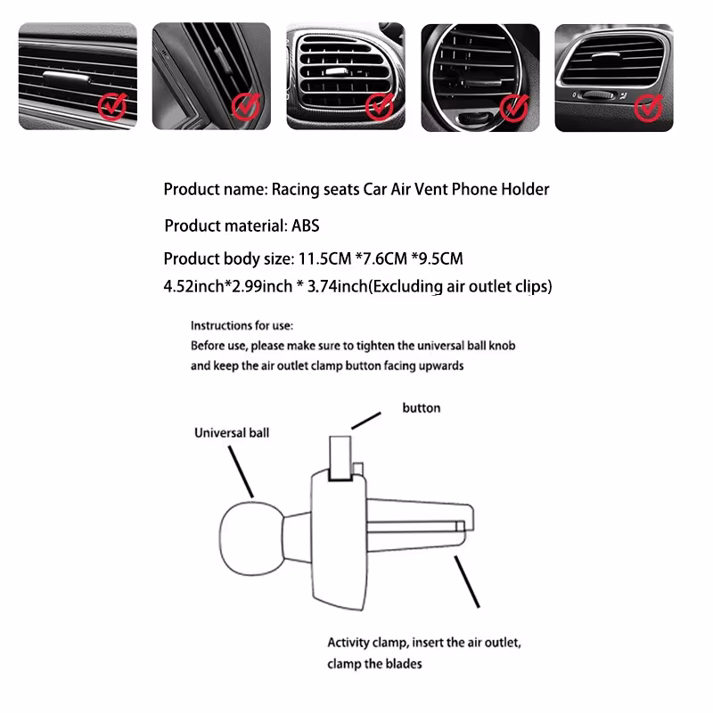 Racing Seat Shape Car Phone Holder Auto Air Vent Mobile Phone Clip 360 Degree Rotatable Car Cellphone Rack For Car Interior