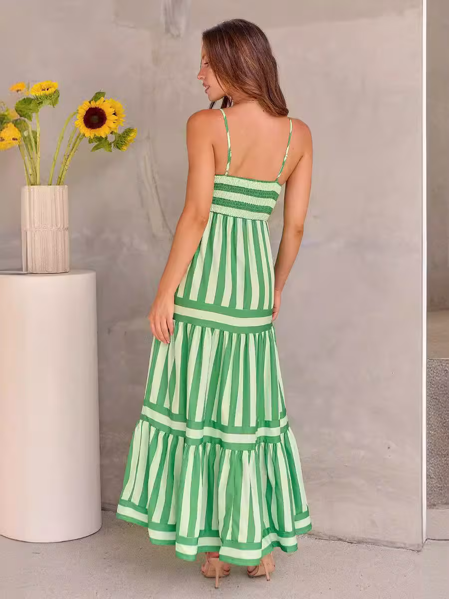 Summer Striped Printed Suspender Long Dress With Pockets Fashion Square Neck Backless Dresses For Beach Vacation Women Clothing