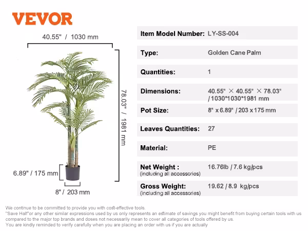 Artificial Gold Cane Palm Tree, 6.5 FT Tall Faux Plant, PE Material & Anti-Tip Tilt Protection Low-Maintenance Plant, Lifelike Green Fake Tree For Home Office Warehouse Decor Indoor Outdoor