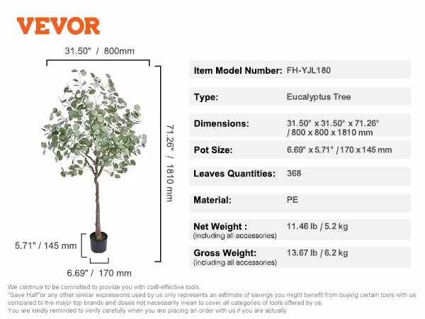 Artificial Eucalyptus Tree, 6 FT Tall Faux Plant, Secure PE Material & Anti-Tip Tilt Protection Low-Maintenance Plant, Lifelike Green Fake Potted Tree For Home Office Decor Indoor Outdoor