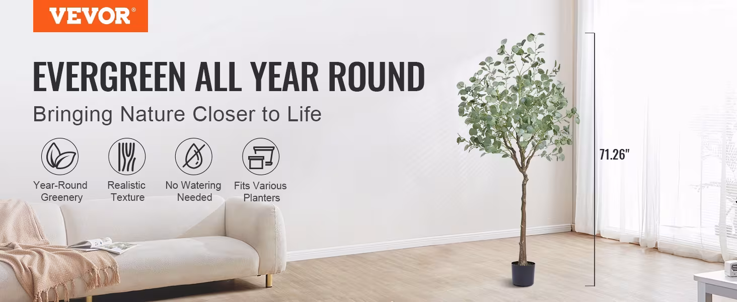 Artificial Eucalyptus Tree, 6 FT Tall Faux Plant, Secure PE Material & Anti-Tip Tilt Protection Low-Maintenance Plant, Lifelike Green Fake Potted Tree For Home Office Decor Indoor Outdoor