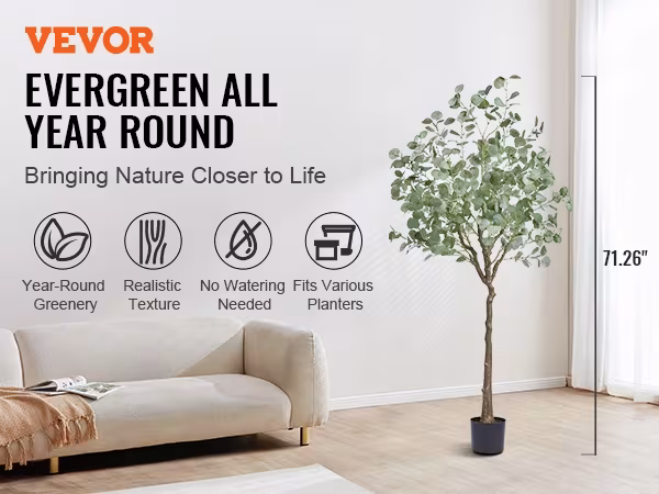 Artificial Eucalyptus Tree, 6 FT Tall Faux Plant, Secure PE Material & Anti-Tip Tilt Protection Low-Maintenance Plant, Lifelike Green Fake Potted Tree For Home Office Decor Indoor Outdoor