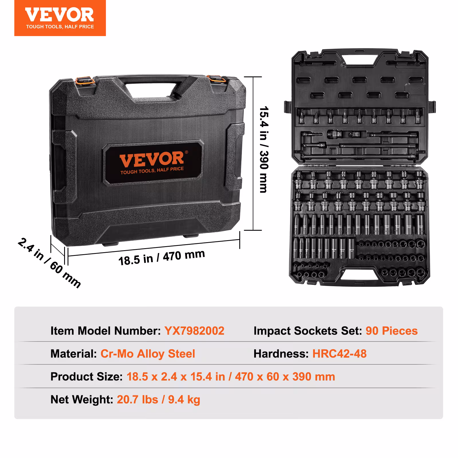 VEVOR Drive Impact Socket Set 6 Point Cr-Mo Alloy Steel For Auto Repair, Includes Extension Bars Universal Joint Adapter Lock Storage Case