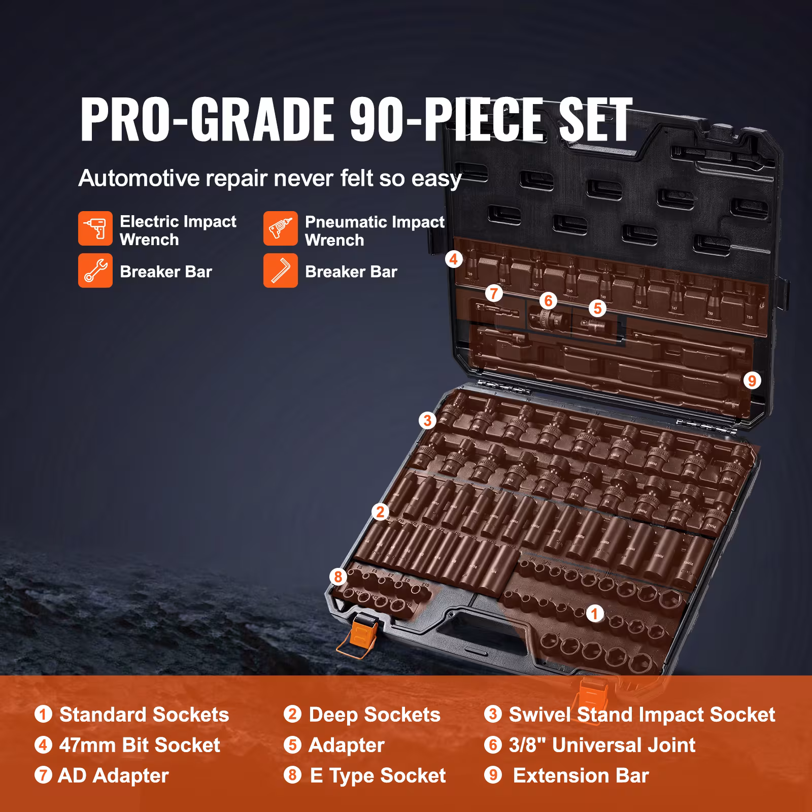 VEVOR Drive Impact Socket Set 6 Point Cr-Mo Alloy Steel For Auto Repair, Includes Extension Bars Universal Joint Adapter Lock Storage Case
