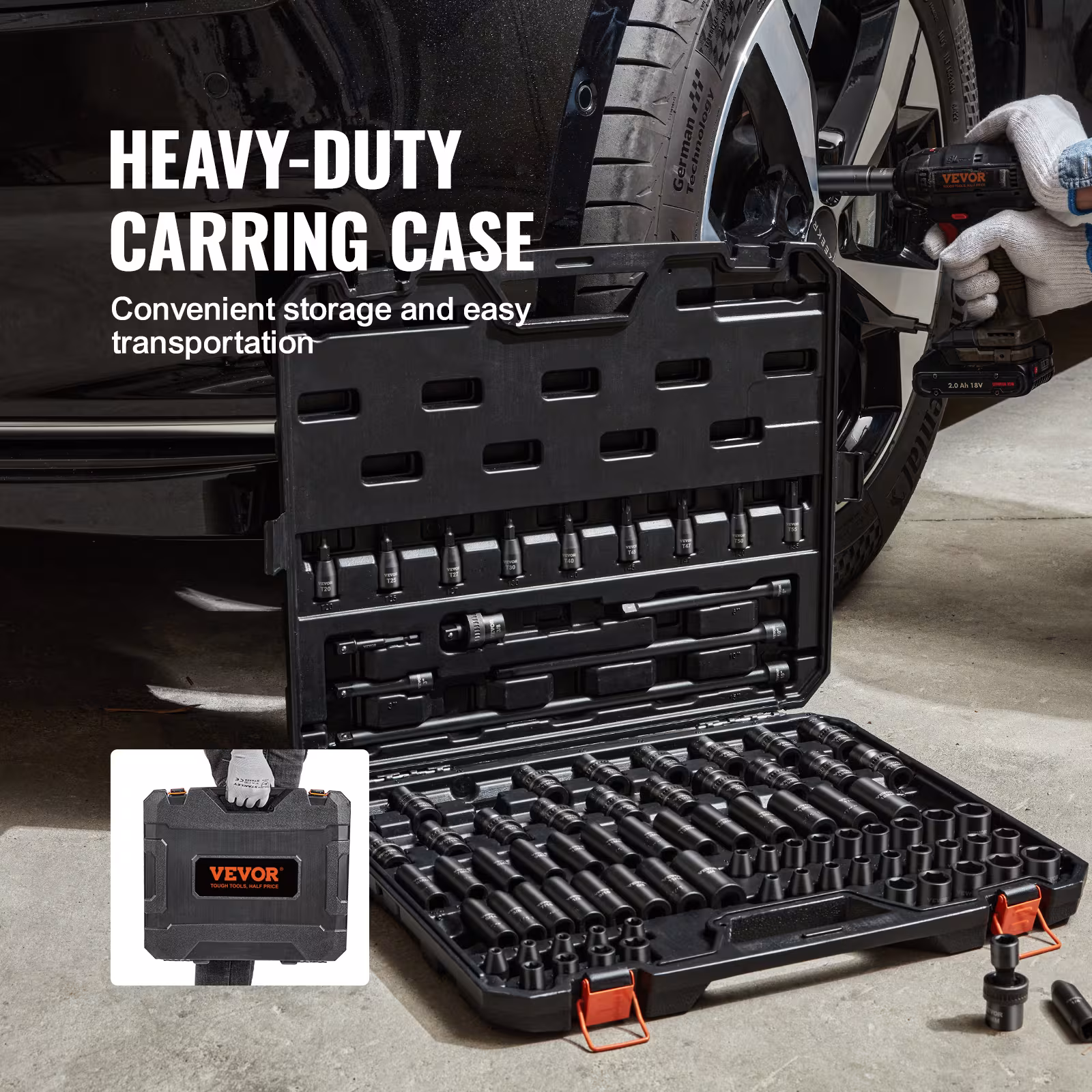 VEVOR Drive Impact Socket Set 6 Point Cr-Mo Alloy Steel For Auto Repair, Includes Extension Bars Universal Joint Adapter Lock Storage Case