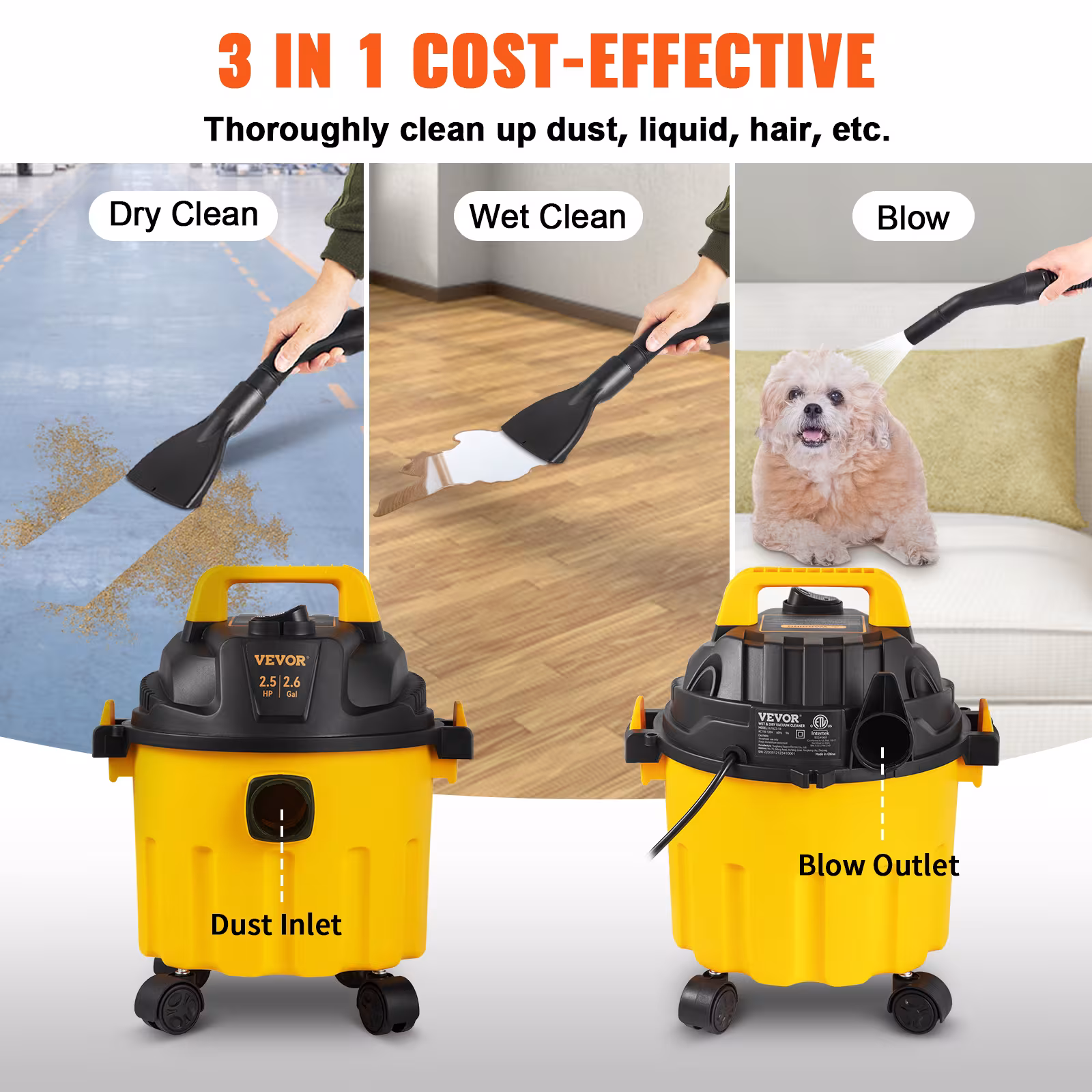 VEVOR Wet Dry Vac, 2.6 Gallon, 2.5 Peak HP, 3 In 1 Shop Vacuum With Blowing Function, Portable With Attachments To Clean Floor, Upholstery, Gap, Car, ETL Listed, Yellow