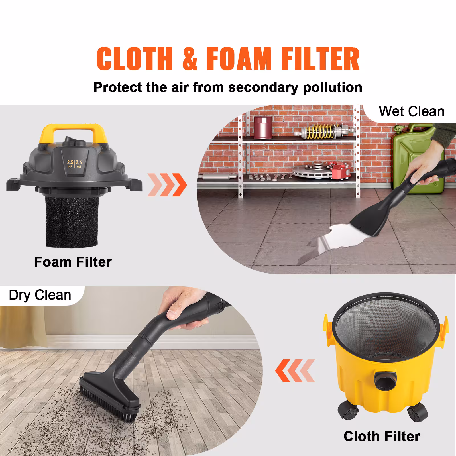 VEVOR Wet Dry Vac, 2.6 Gallon, 2.5 Peak HP, 3 In 1 Shop Vacuum With Blowing Function, Portable With Attachments To Clean Floor, Upholstery, Gap, Car, ETL Listed, Yellow