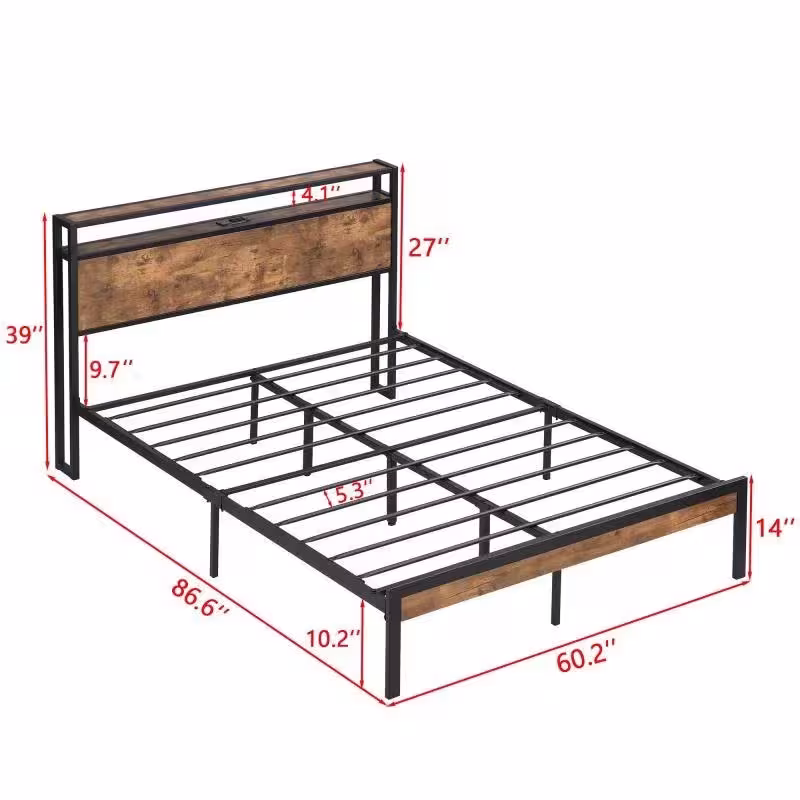 Queen Size Metal Platform Bed Frame With Wooden Headboard And Footboard With USB LINER