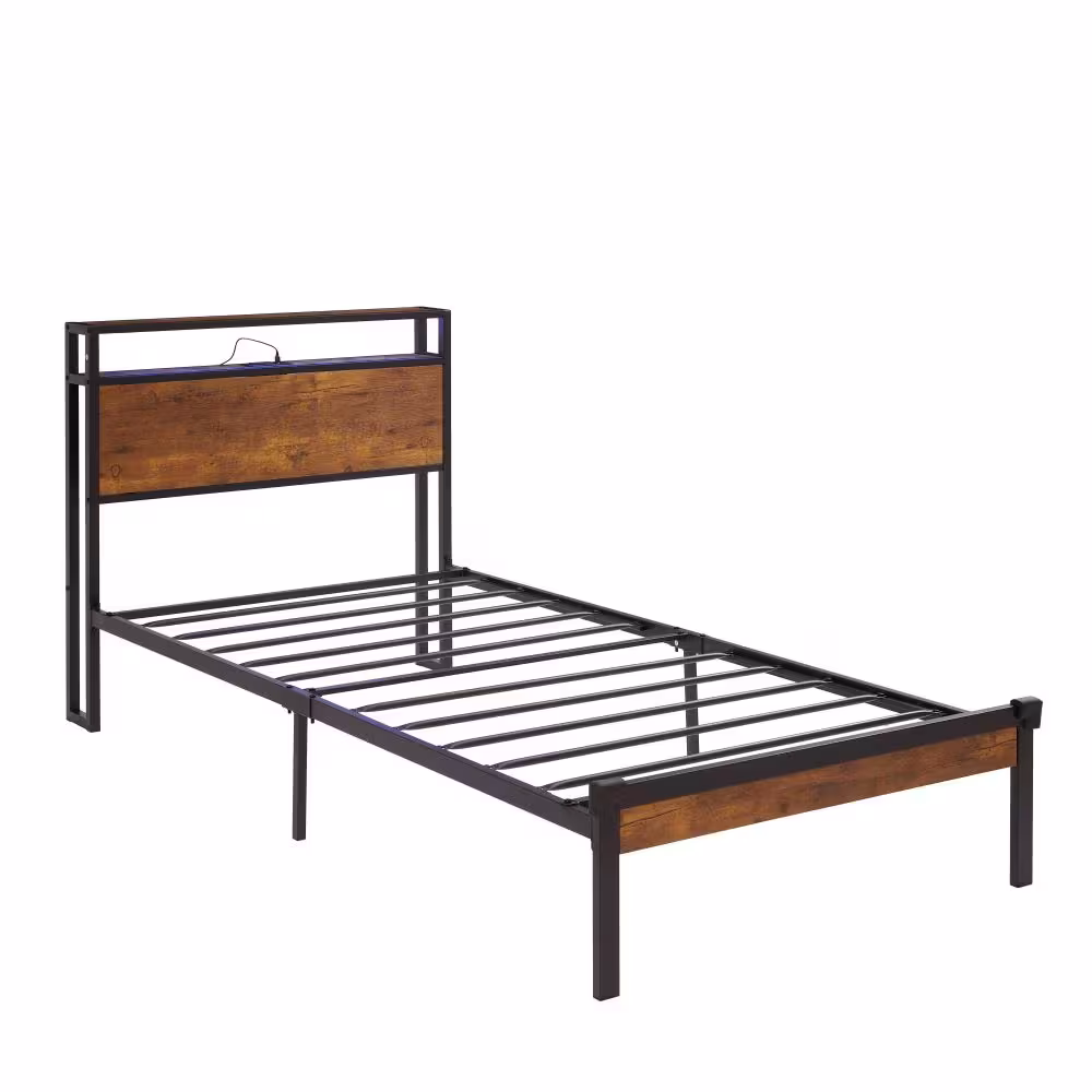 Twin Size Metal Platform Bed Frame With Wooden Headboard And Footboard With USB LINER