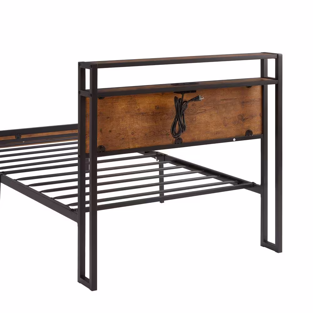 Twin Size Metal Platform Bed Frame With Wooden Headboard And Footboard With USB LINER