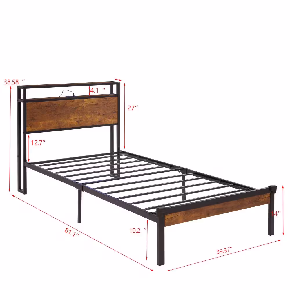 Twin Size Metal Platform Bed Frame With Wooden Headboard And Footboard With USB LINER