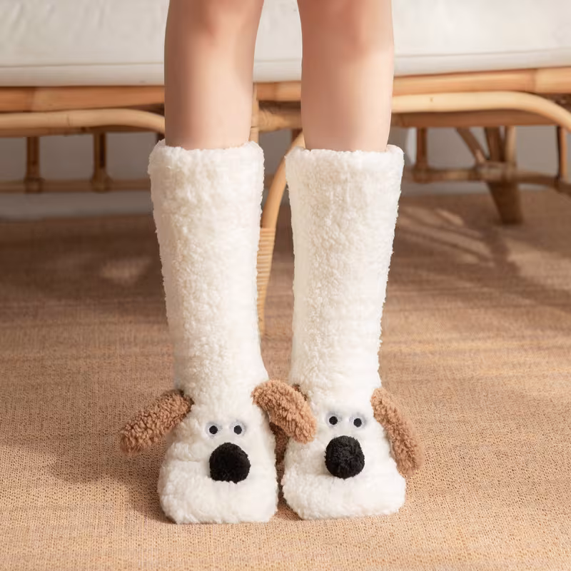 Cute Cartoon Dog Floor Socks Winter Warm Non-slip Plush Socks For Women