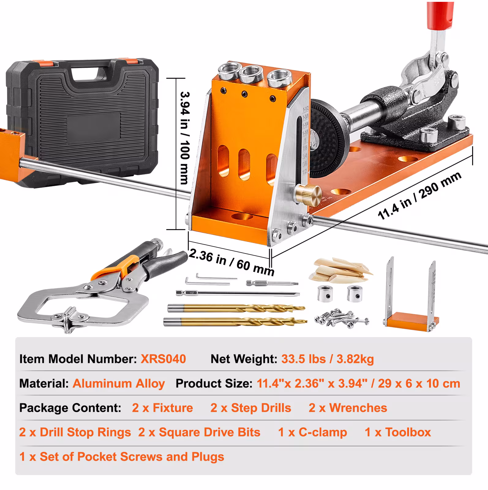VEVOR Pocket Hole Jig Kit, 34 Pcs Pocket Hole Jig System With Fixture, Step Drills, Wrenches, Drill Stop Rings, Square Drive Bits, Toolbox, Adjustable, For DIY Carpentry Projects