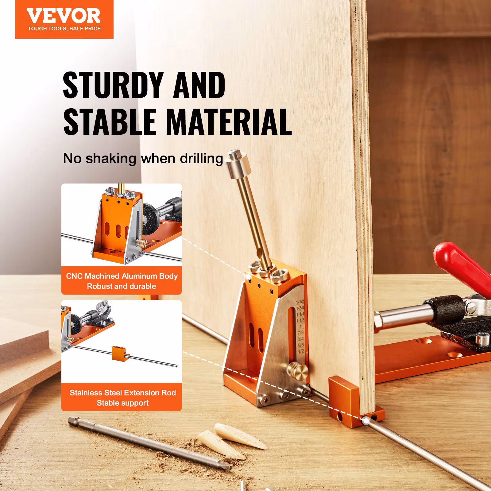 VEVOR Pocket Hole Jig Kit, 34 Pcs Pocket Hole Jig System With Fixture, Step Drills, Wrenches, Drill Stop Rings, Square Drive Bits, Toolbox, Adjustable, For DIY Carpentry Projects