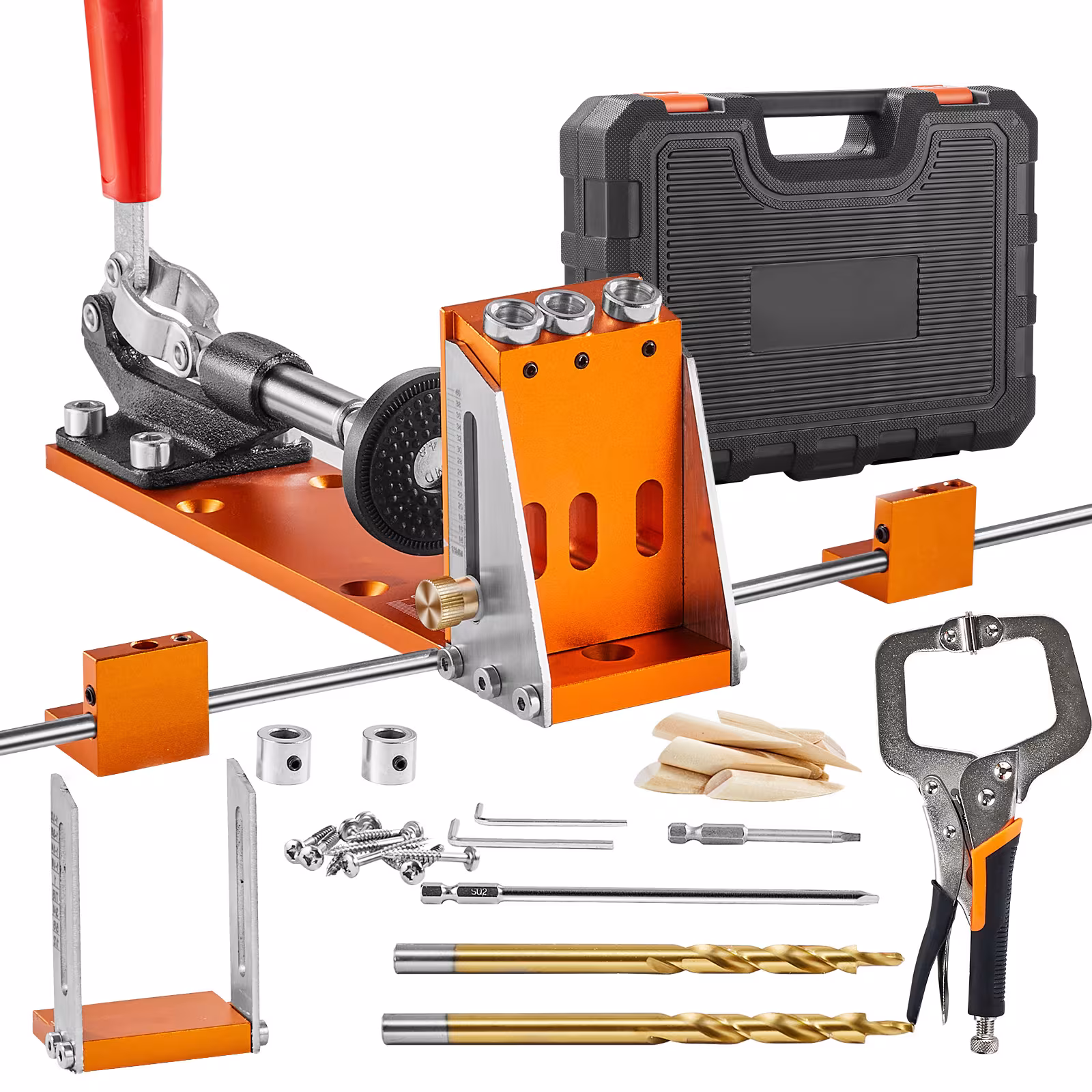 VEVOR Pocket Hole Jig Kit, 34 Pcs Pocket Hole Jig System With Fixture, Step Drills, Wrenches, Drill Stop Rings, Square Drive Bits, Toolbox, Adjustable, For DIY Carpentry Projects