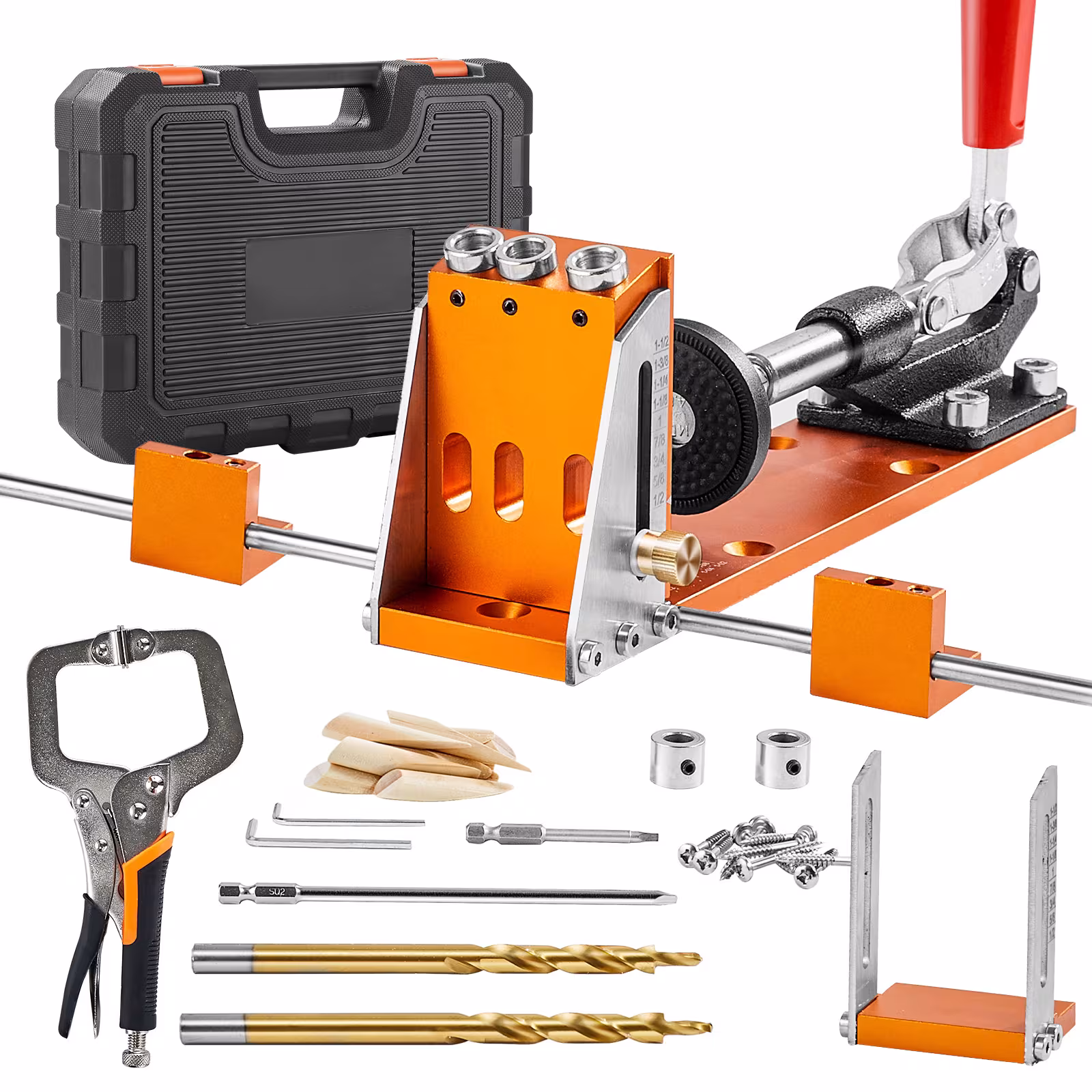 VEVOR Pocket Hole Jig Kit, 34 Pcs Pocket Hole Jig System With Fixture, Step Drills, Wrenches, Drill Stop Rings, Square Drive Bits, Toolbox, Adjustable, For DIY Carpentry Projects