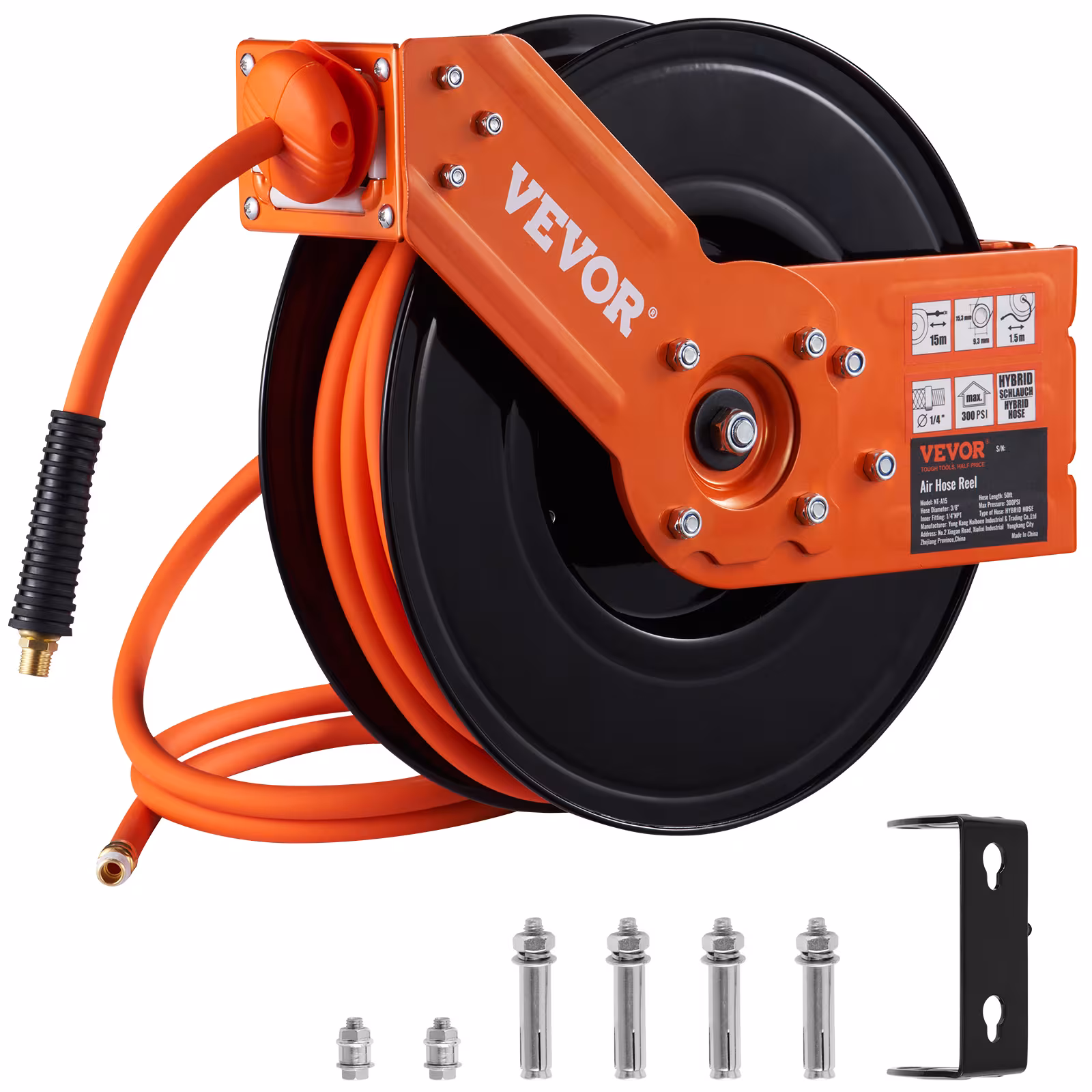 VEVOR Retractable Air Hose Reel, 50 FT Hybrid Air Hose Max 300PSI, Air Compressor Hose Reel With 5 Ft Lead In, Ceiling Wall Mount Heavy Duty Single Arm Steel Reel