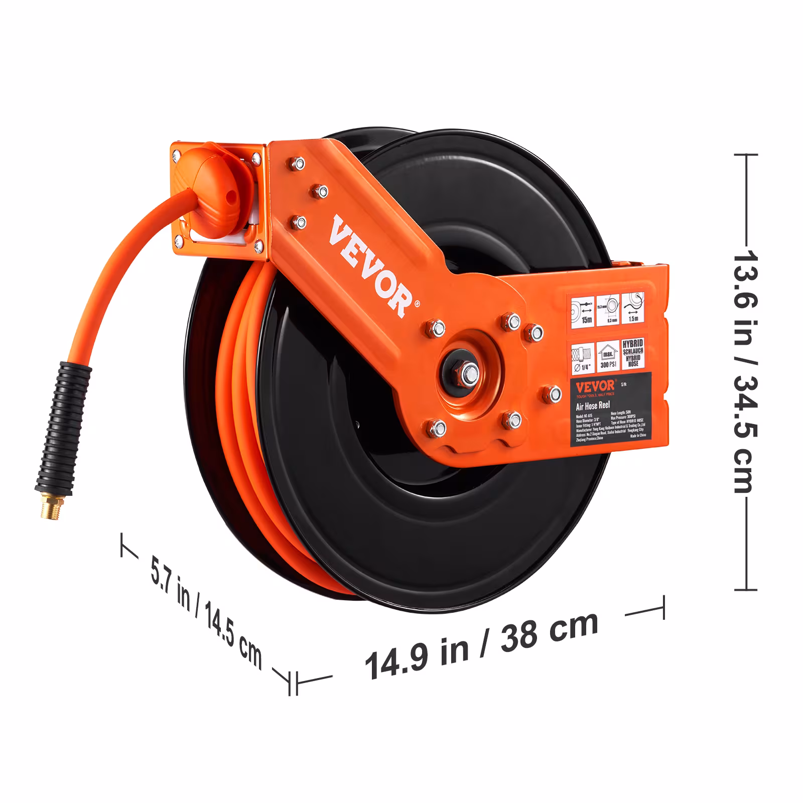 VEVOR Retractable Air Hose Reel, 50 FT Hybrid Air Hose Max 300PSI, Air Compressor Hose Reel With 5 Ft Lead In, Ceiling Wall Mount Heavy Duty Single Arm Steel Reel