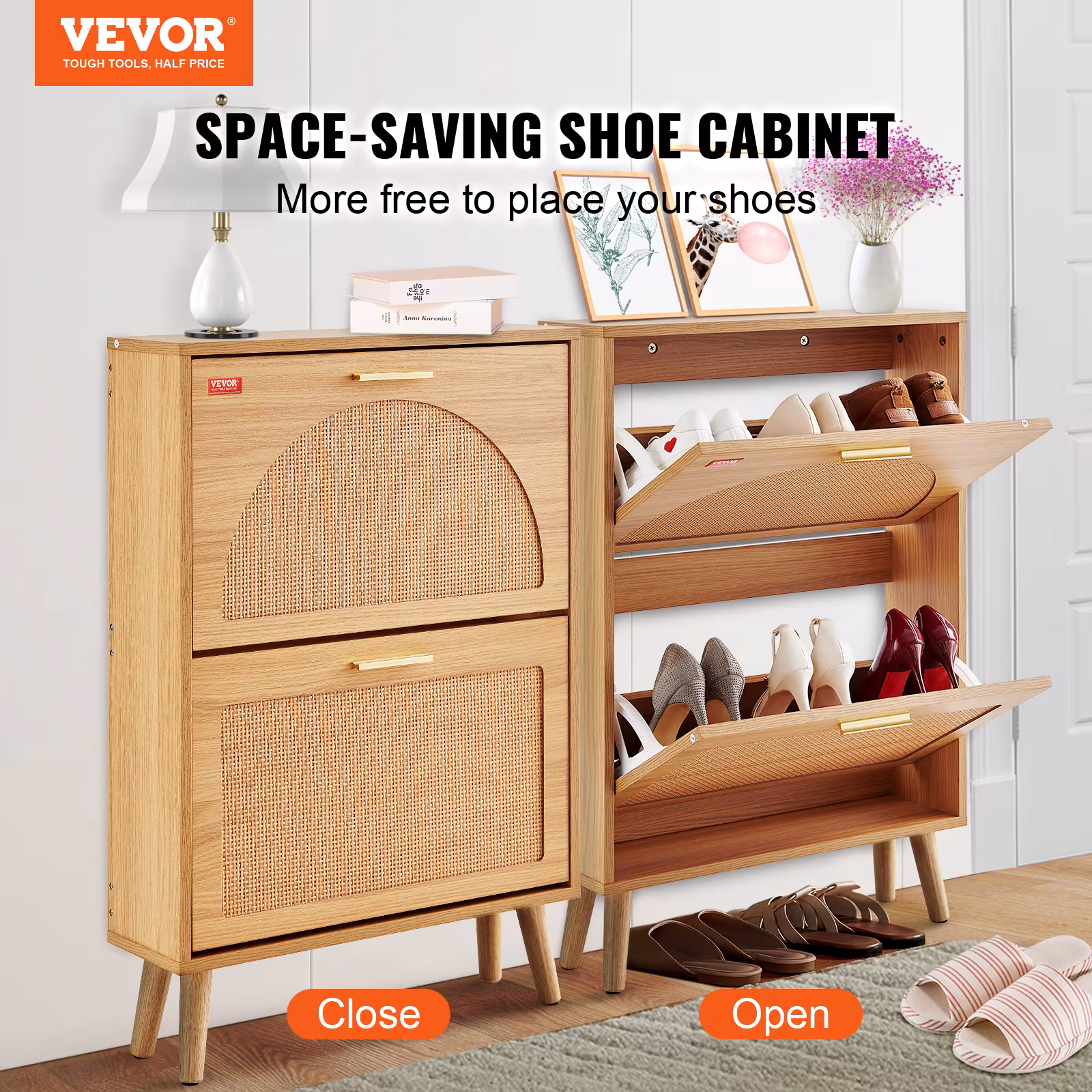 VEVOR Shoe Cabinet With 2 Flip Drawers, Shoe Storage Cabinet For Entryway, Free Standing Shoe Storage Organizer With Rattan Doors For Heels, Boots, Slippers In Hallway, Living Room